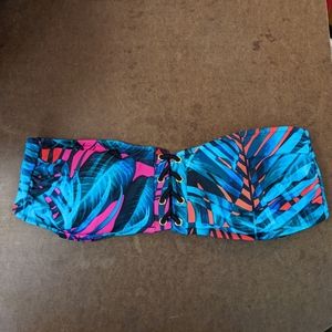 Pink Blue and Pink Leaf Strapless Bikini Top Large